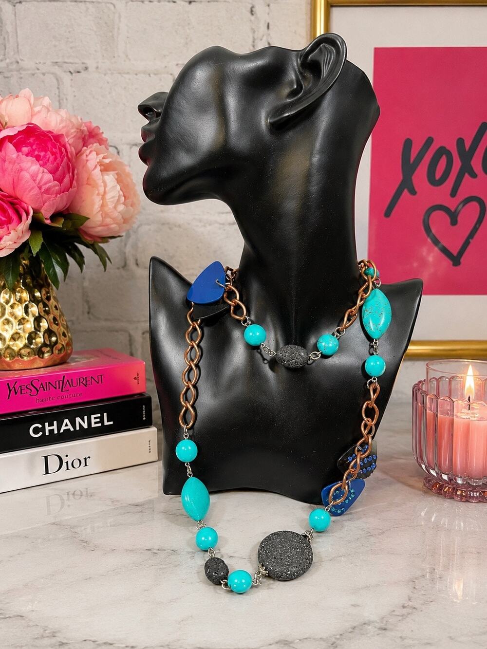 Handmade Copper Tone Lava Rock Turquoise Guitar Pick Statement Necklace Boho